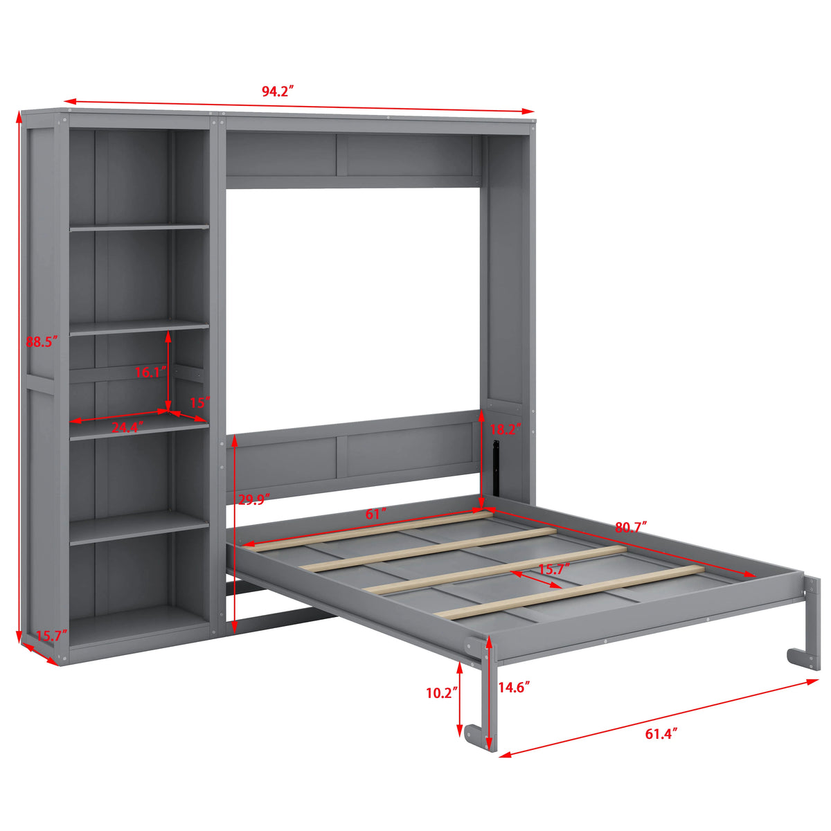 YunNianYang Queen Size Gray Murphy Bed Wall Bed with Shelves