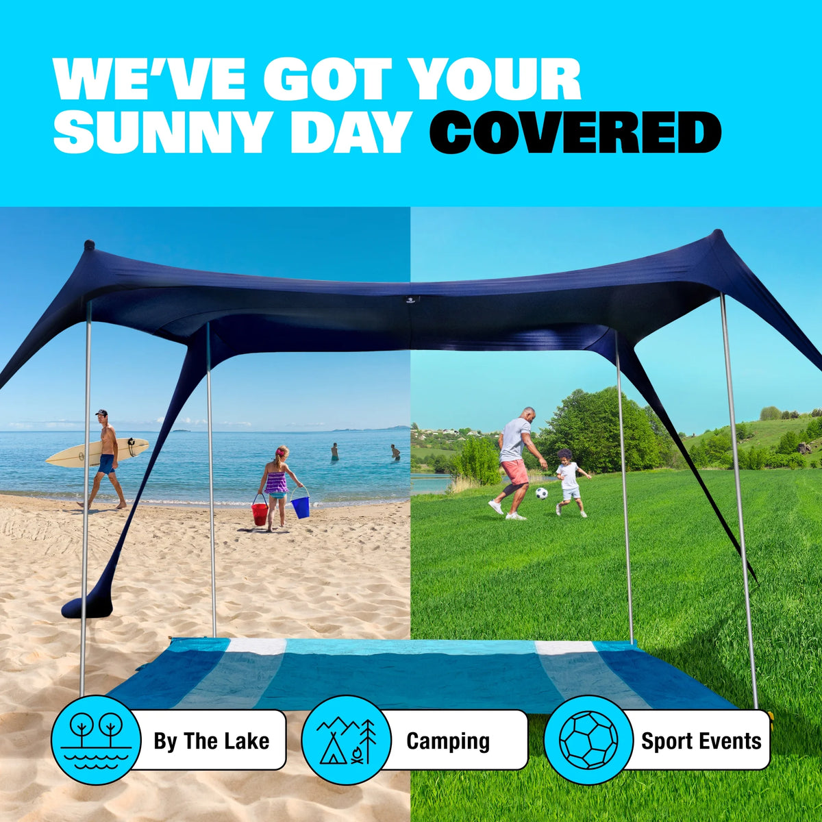 SUN NINJA 10x10.5 FT Pop-Up Beach Tent with Sand Shovel, Pegs & Stability Poles �C Navy Blue Sun Shelter for Beach, Camping & Outdoor Activities