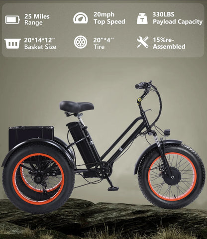 YEBEI Electric Tricycle for Adults Folding E-Trike Motorized Tricycle Electric 3 Wheels Trike Powerful 500W Motor Electric Tricycle 48V15AH Lithium Battery Max 20MPH 20*4.0�� Fat Tire Orange