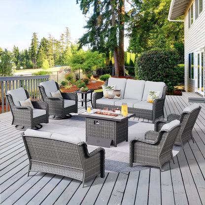 Vcatnet 8 Pieces Outdoor Patio Furniture Sectional Sofa All-weather Conversation Set with Swivel Rocking Chairs and Fire Pit Table for Garden,Poolside,Gray