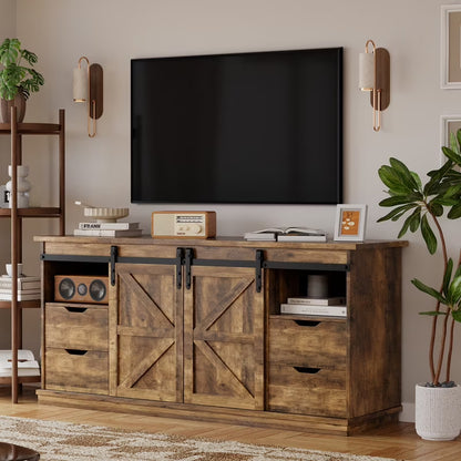 Vineego 70 inch Farmhouse TV Stand for Living Room, Entertainment Center with Sliding Barn Doors & 4 Storage Drawers, Adjustable Shelves Rustic Media Console for Bedroom,White