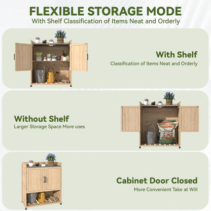 YODOLLA Potting Bench, Wooden Outdoor Storage Cabinet with Adjustable Shelf, Patio Storage with Metal Tabletop, Potting Table for Garden, Patio and Lawns, Gray