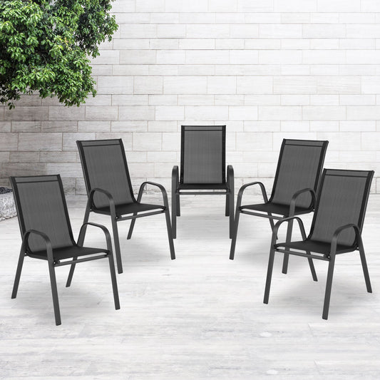 BizChair 5 Pack Black Outdoor Stack Chair with Flex Comfort Material and Metal Frame