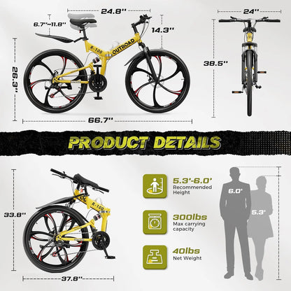 SUNCROWN 26 Inch Folding Mountain Bike, 21 Speed Full Suspension High-Carbon Steel MTB Foldable Bicycle, Dual Disc Brake Non-Slip Folding Bikes for Adults/Men/Women, Black