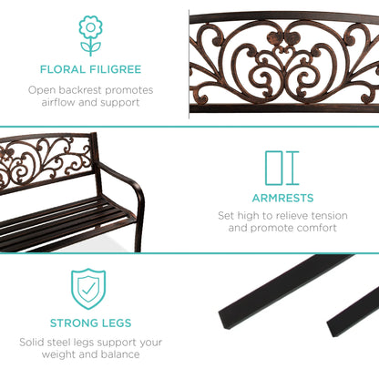Best Choice Products Outdoor Steel Bench Garden Patio Porch Furniture w/ Floral Design Backrest - Black