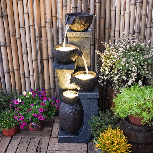 37.4��H Outdoor Water Fountain with 4 Crocks, Modern LED Lighted Garden Floor Fountain for Patios and Yards �C Durable Resin Water Feature with Cascading Waterfall Design for Indoor/Outdoor D��cor