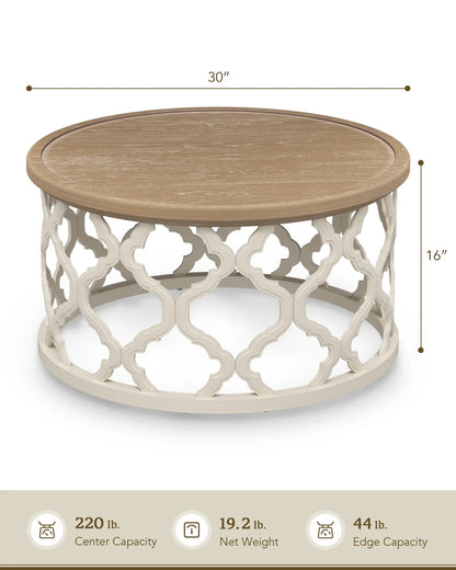 Bestco 30" Farmhouse Coffee Table, Round French Country Coffee Table, Distressed Wood Tray Top Vintage Coffee Table with Storage Shelf, Beige
