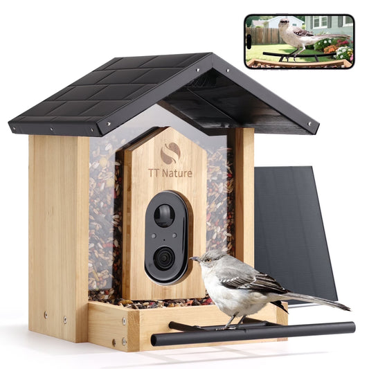 TT Nature Bird Feeder with Camera, AI Identify 10,000+ Species, Auto Capture, Real-Time Notifications, Upgraded for Bird Watching with Solar Panel, Perfect Gift for Bird Lovers