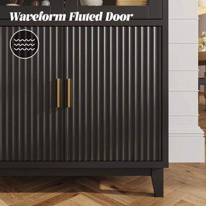 VEANERWOOD 71" Tall Arch Cabinet, Wood Fluted Kitchen Kitchen Storage Cabinet with 4 Doors and 6 Shelves for Dining Room Living Room