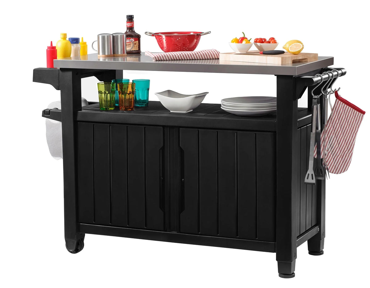Unity XL Resin Serving Station, All-Weather Plastic and Metal Grill, Storage and Prep Table, Graphite