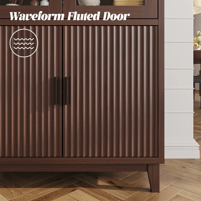 VEANERWOOD 71" Tall Arch Cabinet, Wood Fluted Kitchen Kitchen Storage Cabinet with 4 Doors and 6 Shelves for Dining Room Living Room