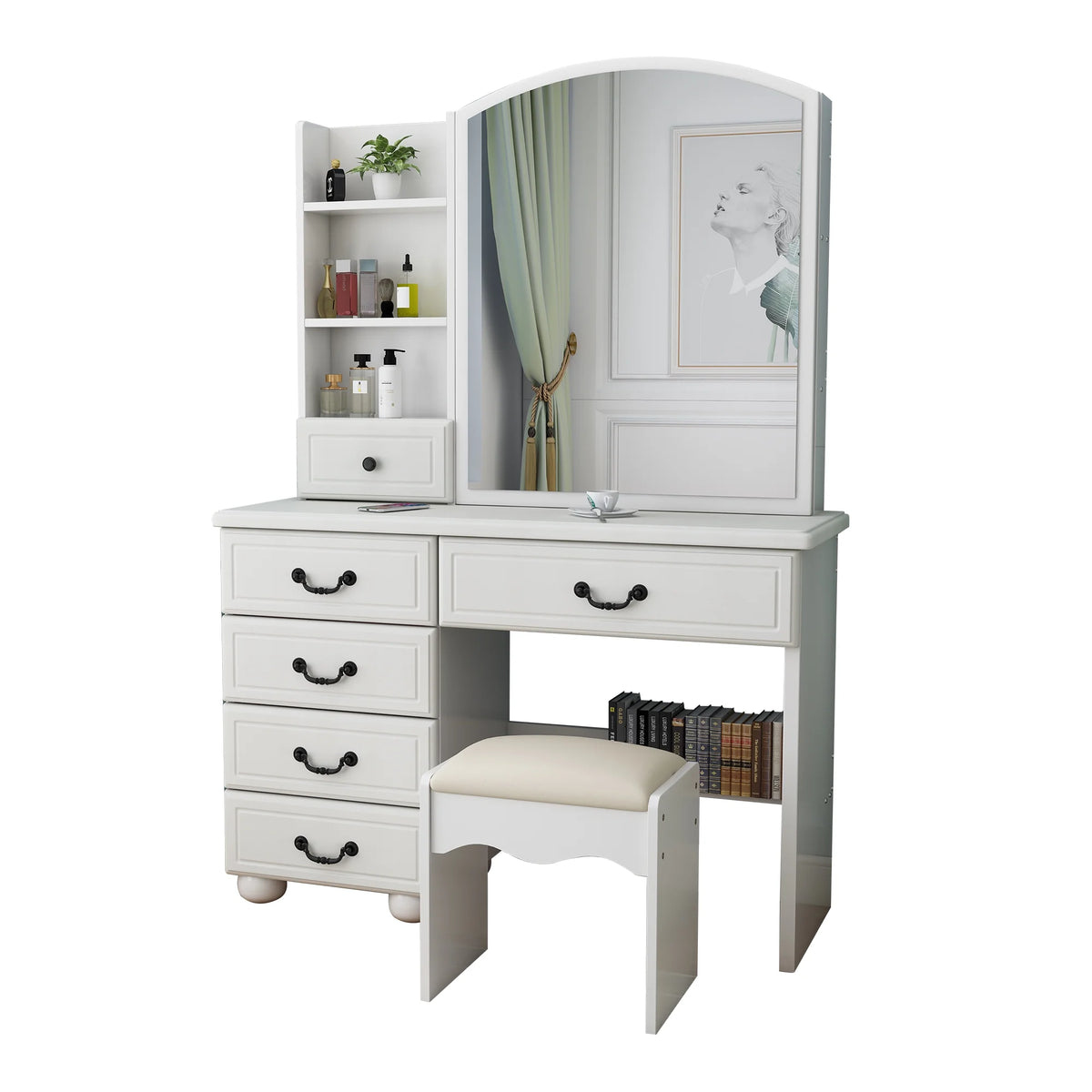 Wohh MDF Makeup Vanity with LED Mirror, Dressing Table and 5 Drawers, White