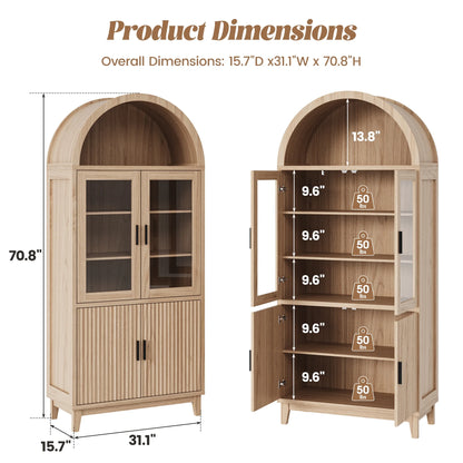 VEANERWOOD 71" Tall Arch Cabinet, Wood Fluted Kitchen Kitchen Storage Cabinet with 4 Doors and 6 Shelves for Dining Room Living Room