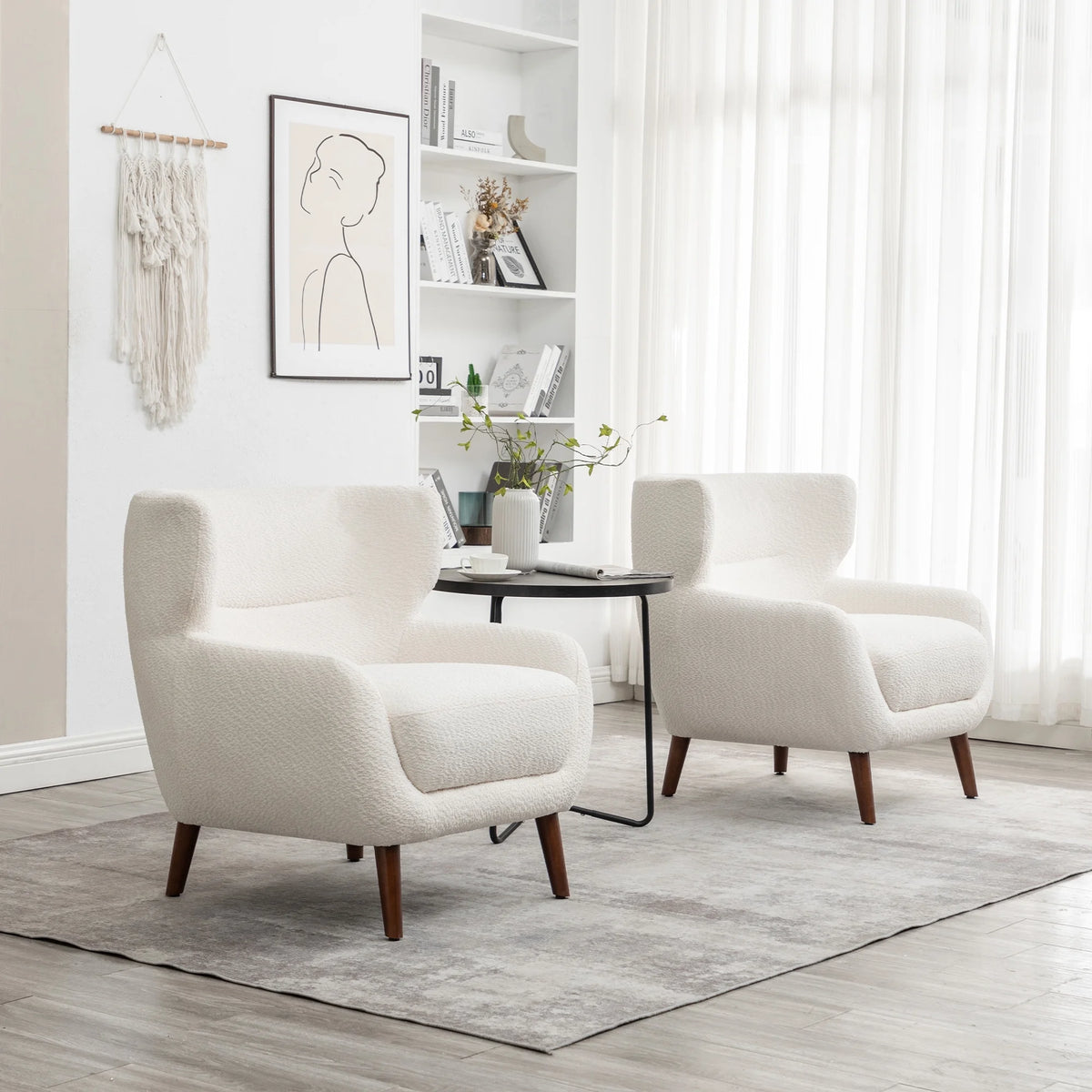 ALEAVIC White Accent Chair Upholstered Armchair with Solid Wood Legs