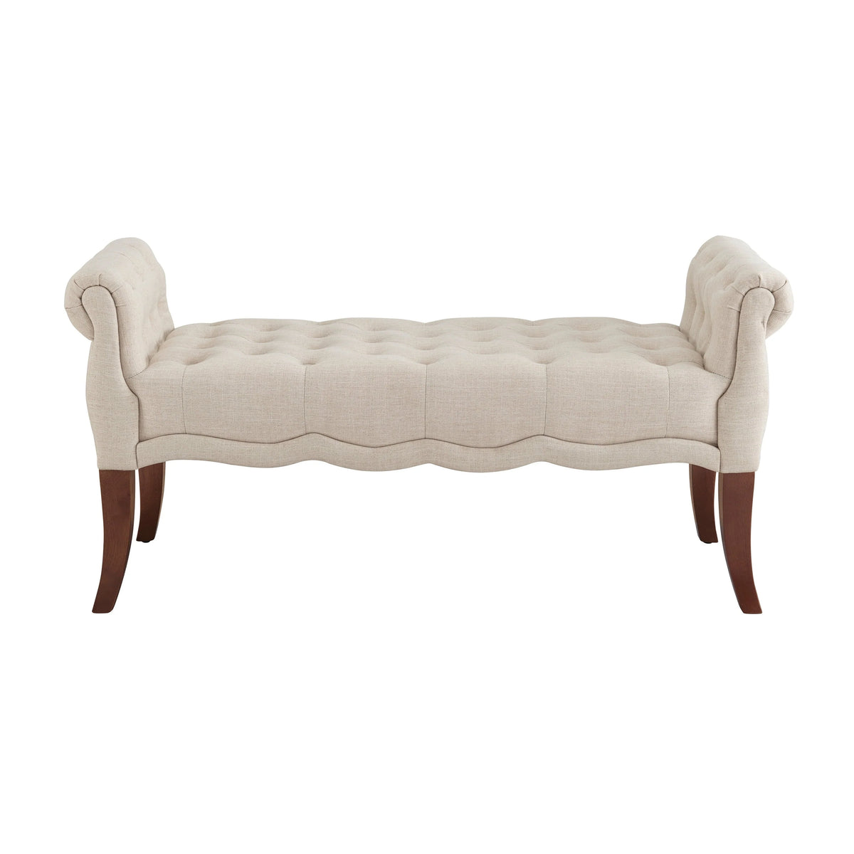 Linon Menlo Rolled Arm Button Tufted Bench, Dark Walnut Finish with Natural Fabric