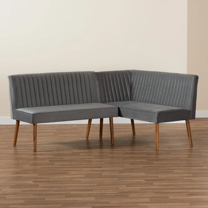 Baxton Studio Alvis Mid-Century Modern Grey Velvet Upholstered Back 2-Piece Dining Corner Bench