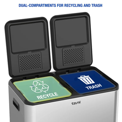 Tzumi Dual-Compartment Recycling Bin Stainless Steel Trash Can for Kitchen, 16 Gallon Total