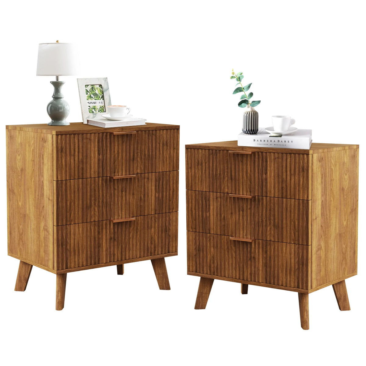 YOCWO Fluted Nightstand for Bedroom Set of 2 , Wood Bedside Table Set of 2 with Drawers, Black
