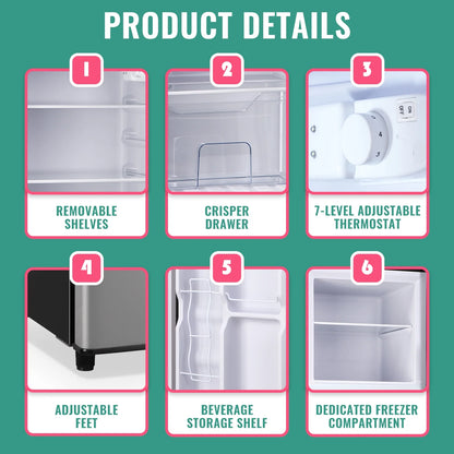 WANAI 5.0 Cu.ft Mini Refrigerator with Freezer 7 Settings Temp Adjustable Large Compact Fridge Silver
