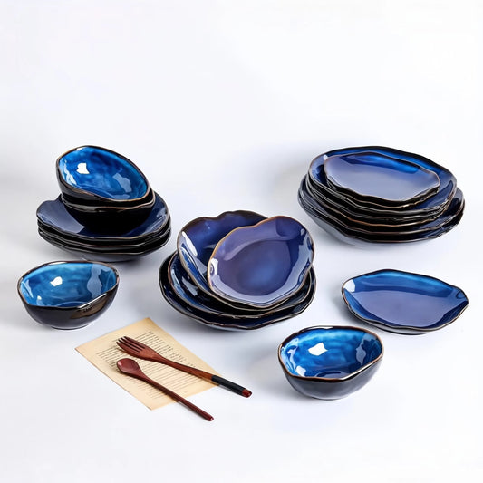 TAUFIKT 16pcs Nordic-style Ceramic Tableware Set, Blue Irregular Artistic Design Dinnerware