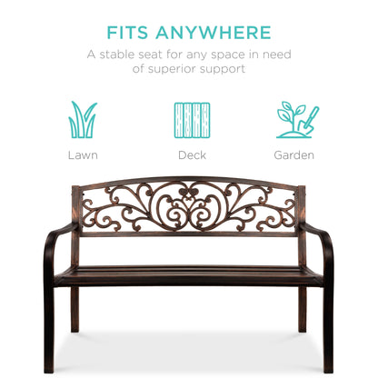 Best Choice Products Outdoor Steel Bench Garden Patio Porch Furniture w/ Floral Design Backrest - Black