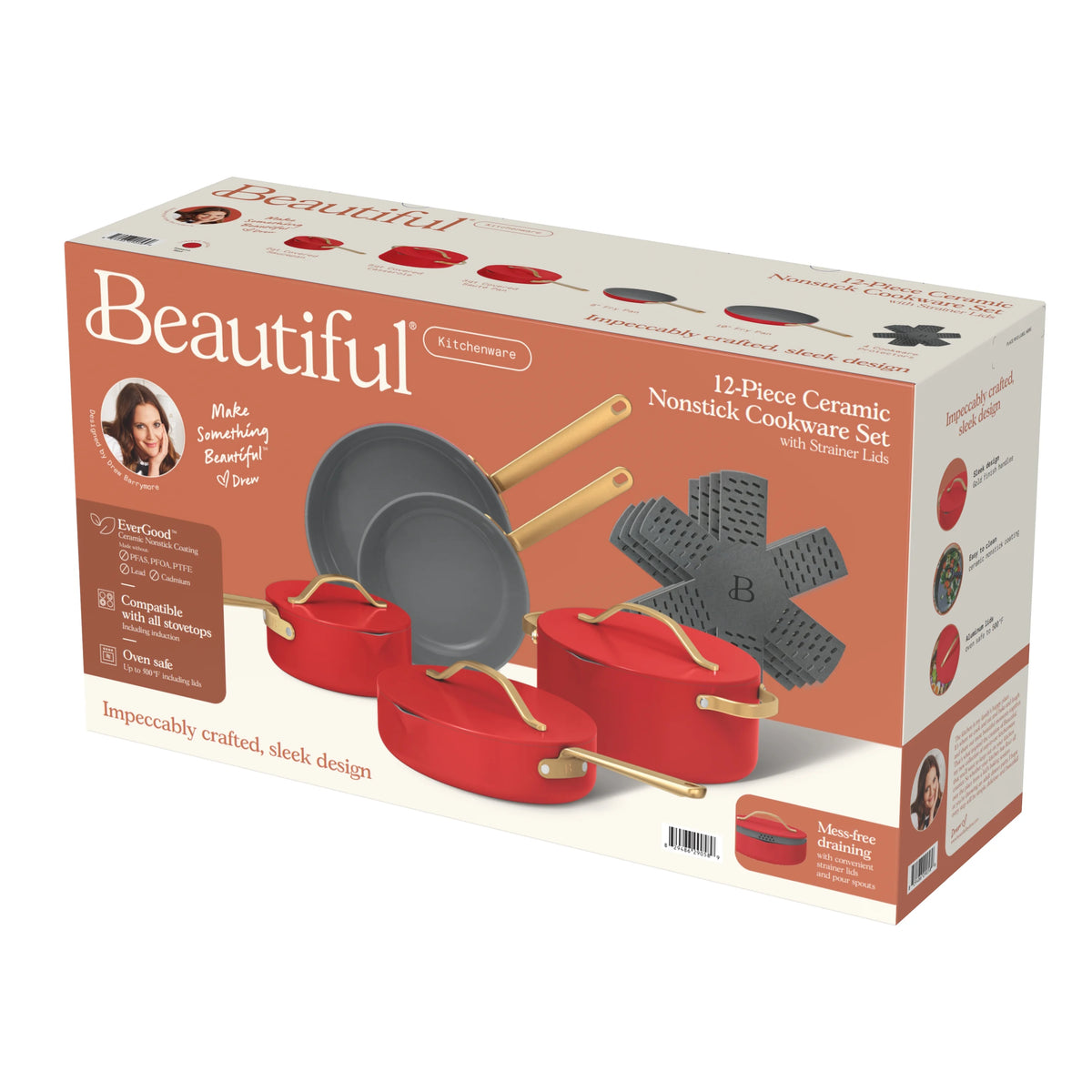 Beautiful 12pc Ceramic Non-Stick Cookware Set with Strainer Lids, White Icing by Drew Barrymore