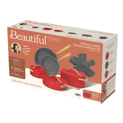 Beautiful 12pc Ceramic Non-Stick Cookware Set with Strainer Lids, White Icing by Drew Barrymore