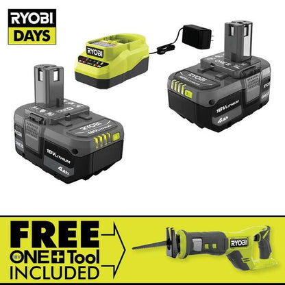 ONE+ 18V Lithium-Ion 4.0 Ah Compact Battery (2-Pack) and Charger Kit with FREE Cordless ONE+ Reciprocating Saw
