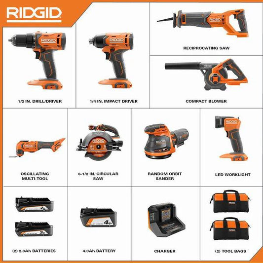 18V Cordless 8-Tool Combo Kit with (3) Batteries, Charger, and Bag with 18V High Torque Impact Wrench