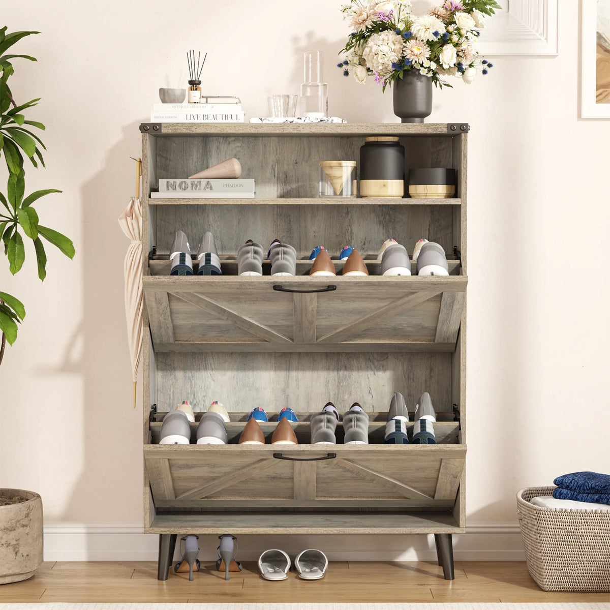 Veanerwood Shoe Cabinet with 2 Flip Drawers Farmhouse Shoe Storage Cabinet Organizer for Entryway, Gray