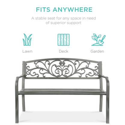 Best Choice Products Outdoor Steel Bench Garden Patio Porch Furniture w/ Floral Design Backrest - Black
