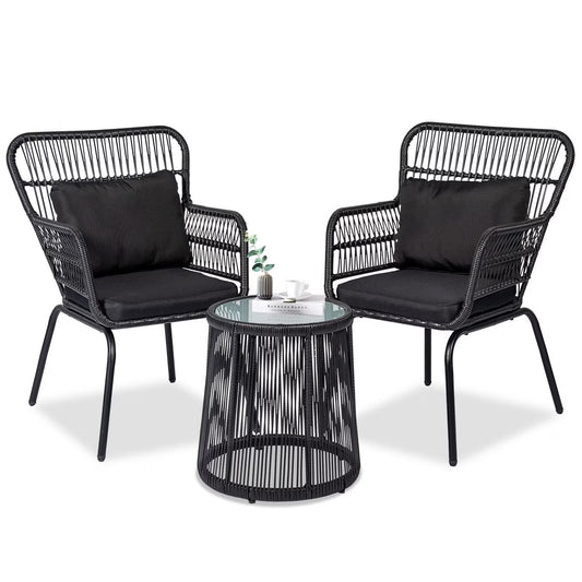 Tappio 3-Piece Patio Conversation Bistro Set Rattan Furniture, Outdoor Patio Set w/Glass Top Table & Cushions for Garden Balcony Backyard Poolside, Yellow/Beige