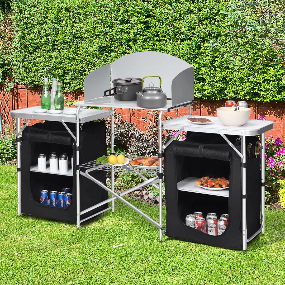 Goplus Folding Portable Aluminum Camping Grill Table w/ Storage Organizer Windscreen Black