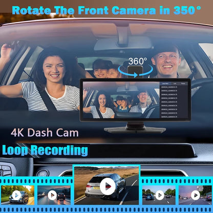 10.26" Wireless Carplay Screen 360 Rotation 4K Dash Cam Carplay & Android Auto Car Stereo Car Audio Receivers with 1080p Backup Camera GPS Navigation/Mirror Link/Voice Control/Siri