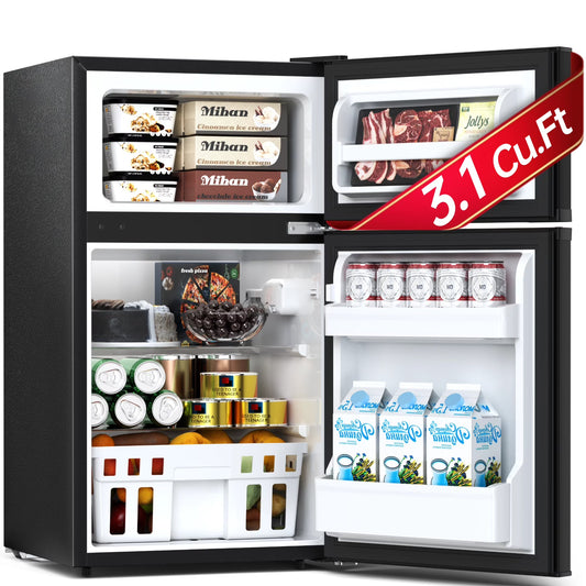 Auseo 3.1 Cu.Ft Double Door Mini Fridge with Freezer, Compact Retro Refrigerator for Dorm, Office, Bar, Bedroom, Black