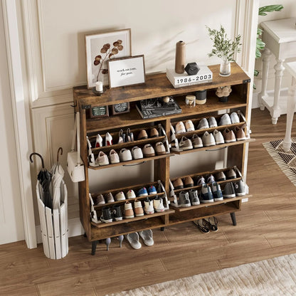 Veanerwood Shoe Cabinet with 2 Flip Drawers Farmhouse Shoe Storage Cabinet Organizer for Entryway, Gray