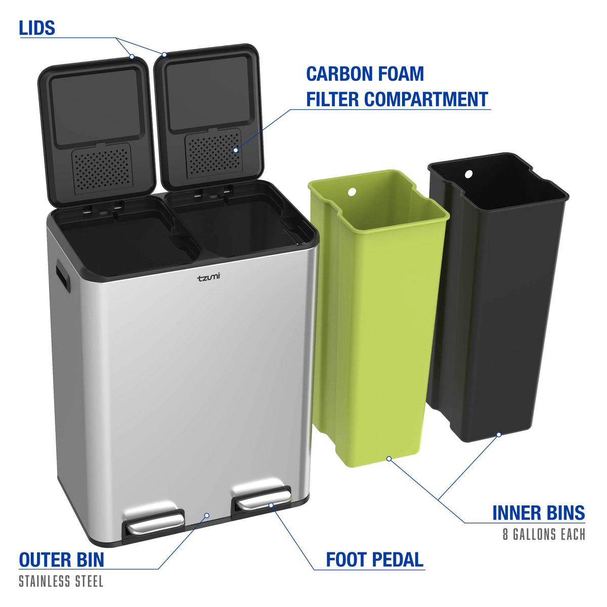 Tzumi Dual-Compartment Recycling Bin Stainless Steel Trash Can for Kitchen, 16 Gallon Total