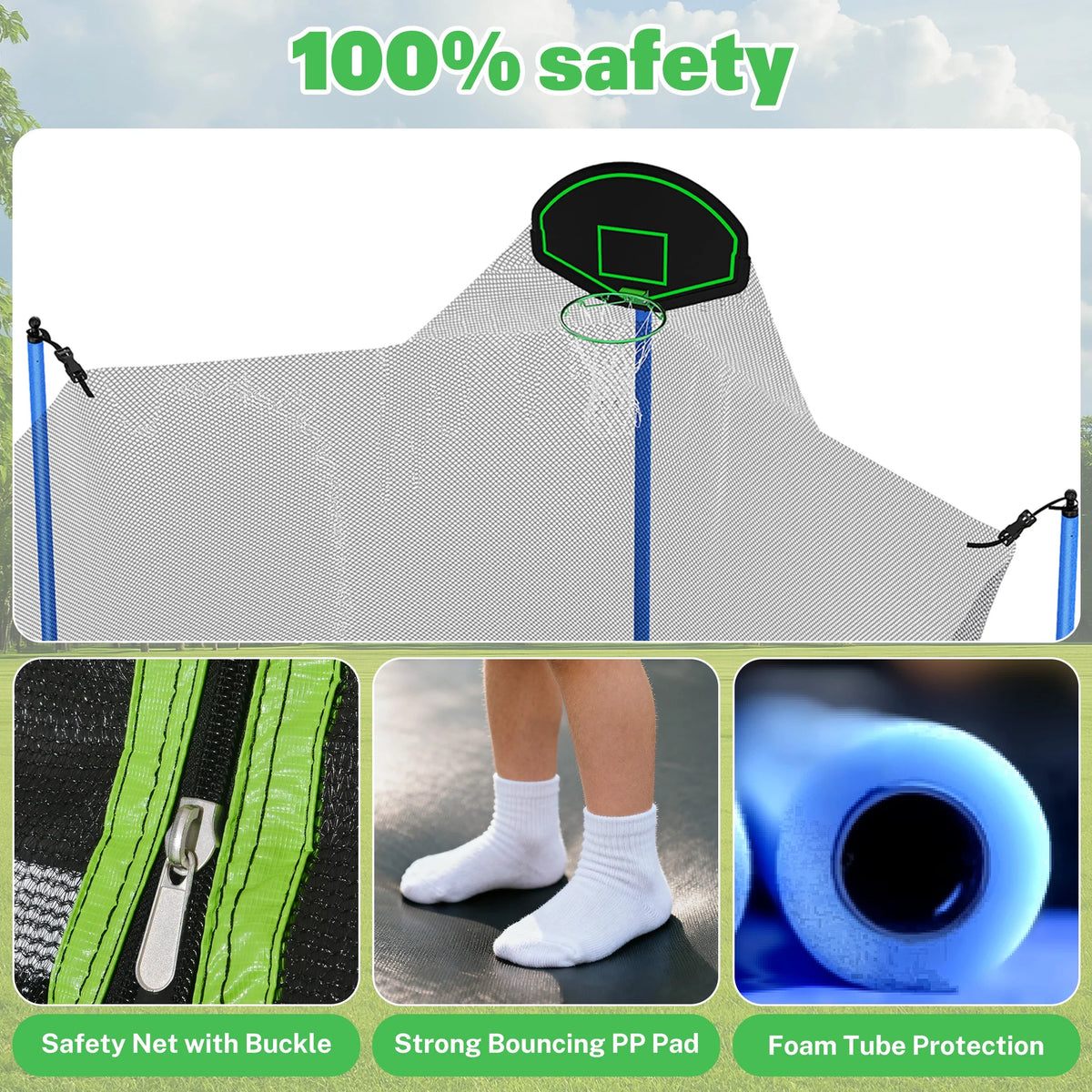 12FT Trampoline with Slide, Swings, SEGMART Recreational Trampoline with Basketball Hoop and Ladder, Heavy Duty Outdoor Backyard Trampoline with Net for Kids and Adults, Green