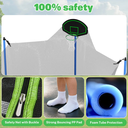 12FT Trampoline with Slide, Swings, SEGMART Recreational Trampoline with Basketball Hoop and Ladder, Heavy Duty Outdoor Backyard Trampoline with Net for Kids and Adults, Green