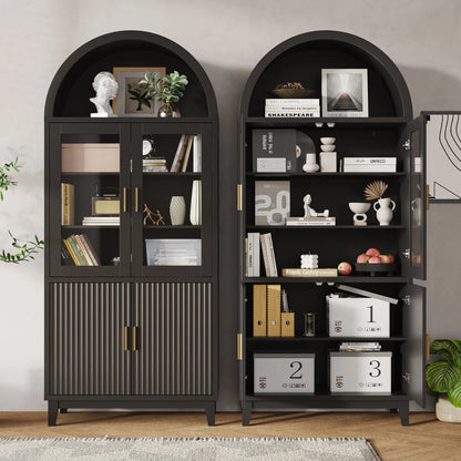 VEANERWOOD 71" Tall Arch Cabinet, Wood Fluted Kitchen Kitchen Storage Cabinet with 4 Doors and 6 Shelves for Dining Room Living Room