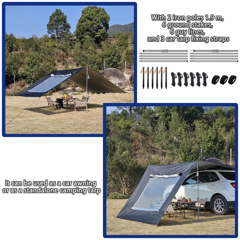 118x196in Car Side Awning with Pole Outdoor Camping Tent Tarp Waterproof Canopy Shade Sun Shelter with mesh