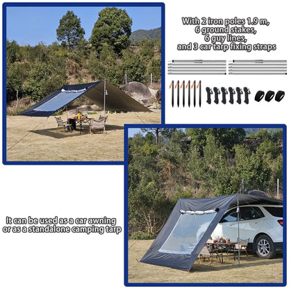 118x196in Car Side Awning with Pole Outdoor Camping Tent Tarp Waterproof Canopy Shade Sun Shelter with mesh