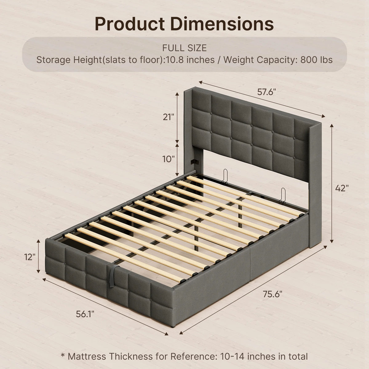 Lofka Lift Up Storage Bed Full Size, Modern Wingback Headboard, No Box Spring Needed, Hydraulic Storage, Dark Grey