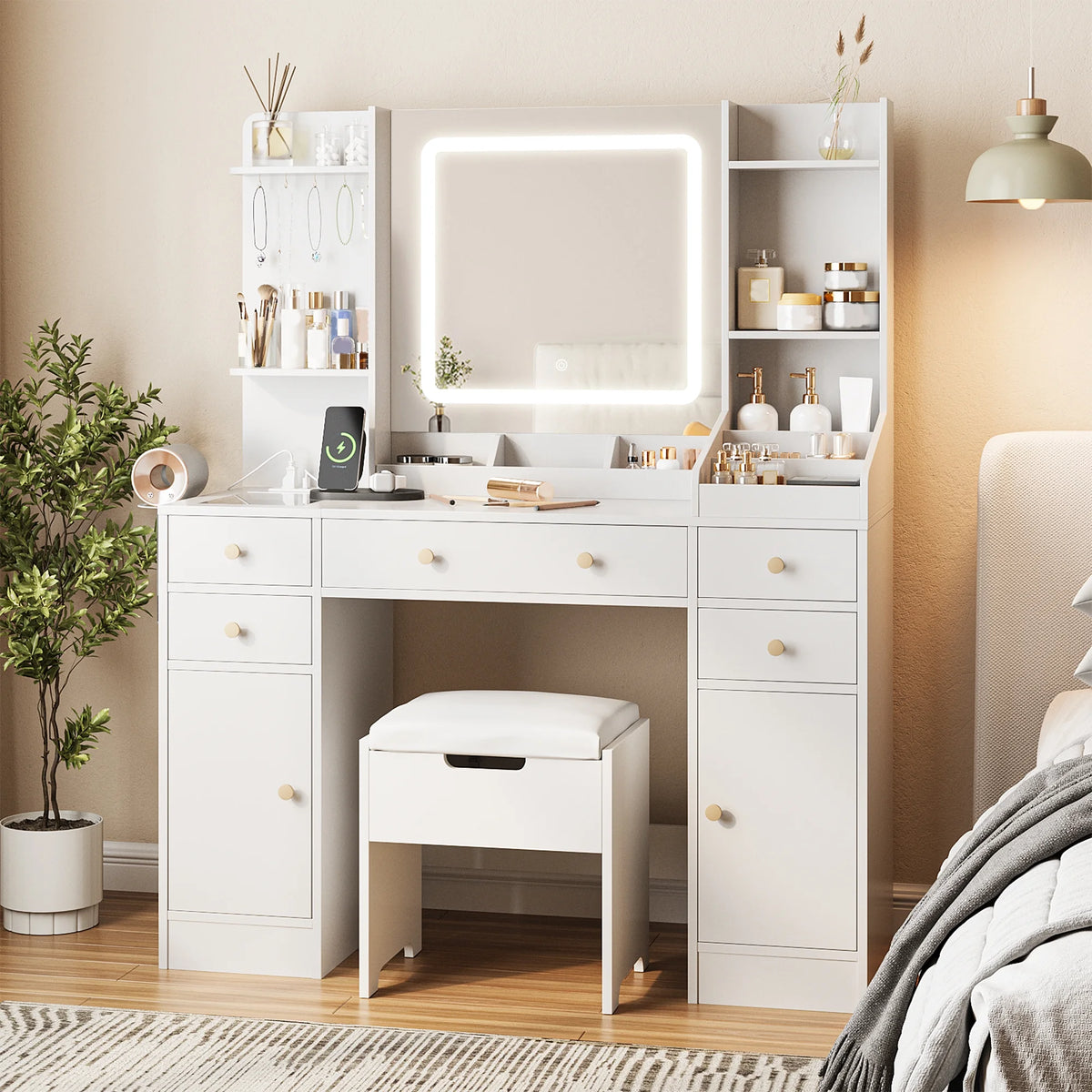 Vanity Set with Mirror and Lights, Makeup Table with Charging Station,5 Drawers & Storage Shelves, White