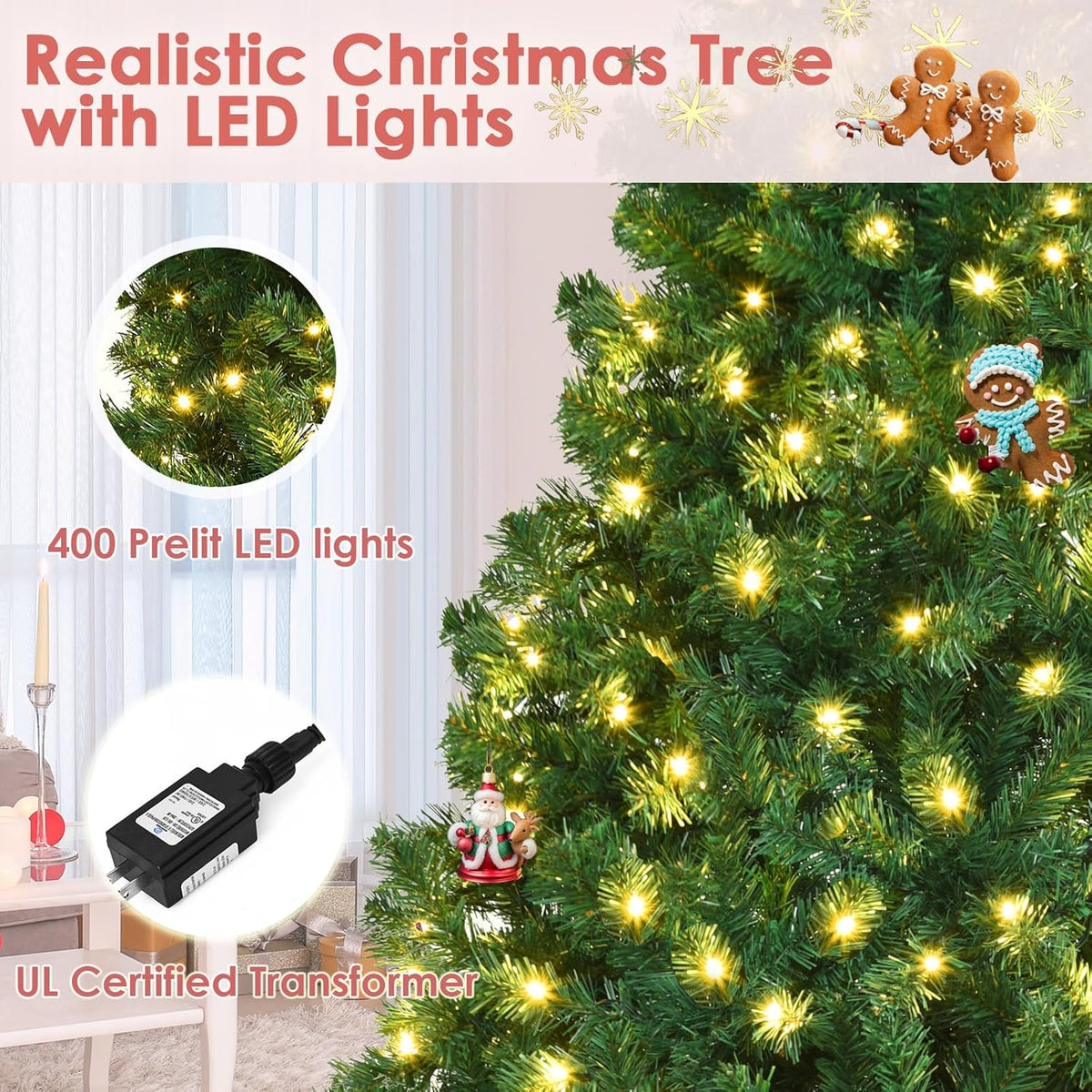 Vebreda 6FT Pre-Lit Artificial Christmas Tree with 300 Warm White LED Lights, Hinged Branch Design, Eco-Friendly PVC Needles & Foldable Metal Stand for Home, Office & Holiday D��cor