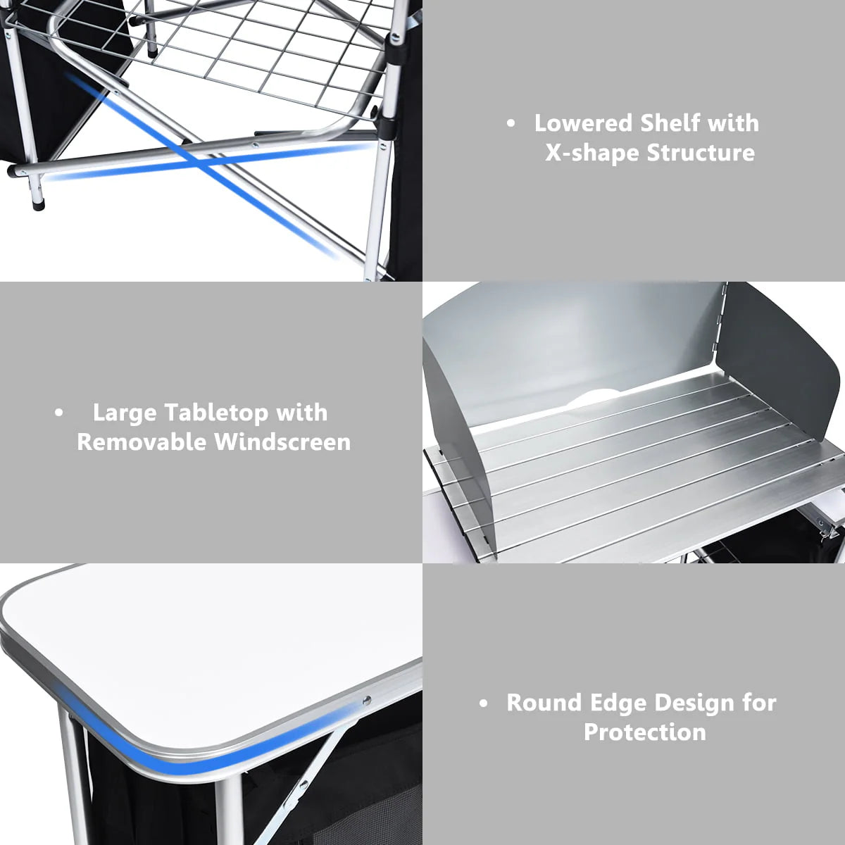 Goplus Folding Portable Aluminum Camping Grill Table w/ Storage Organizer Windscreen Black