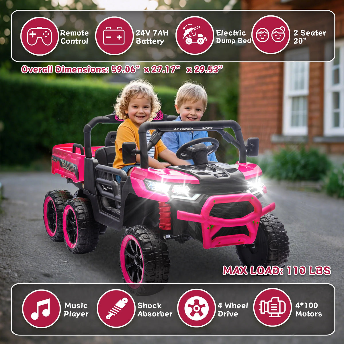 Xuanlur 24V 2 Seater Kids Ride on Car Truck, Ride on UTV W/ 2x200W Motor, 24 Volt Ride on Toys W/ Dump Bed/Shovel, Electric Car for Kids W/ Durable Tires, LED Light, Music, Remote Control, Black