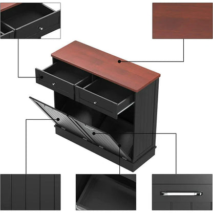 Tolead Double Tilt Out Trash Cabinet 10 Gallon Wooden Free Standing Laundry Sorter Cabinet,Recycling Cabinet with Hideaway Drawer,Tilt Out Trash Cabinet Can Bin Kitchen,Black