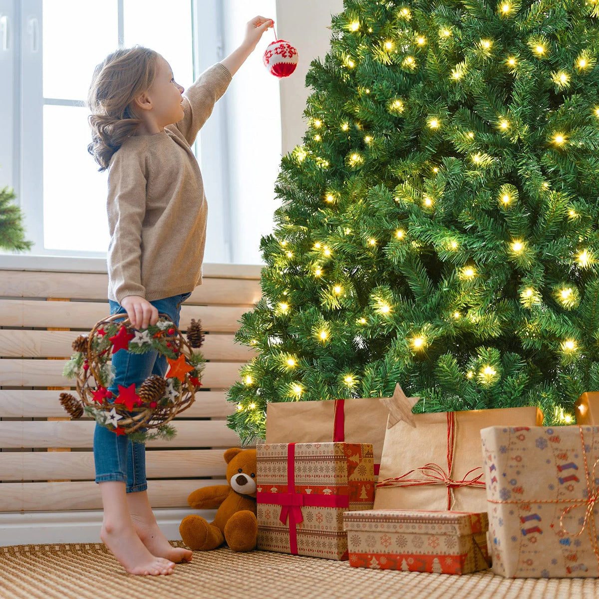 Vebreda 6FT Pre-Lit Artificial Christmas Tree with 300 Warm White LED Lights, Hinged Branch Design, Eco-Friendly PVC Needles & Foldable Metal Stand for Home, Office & Holiday D��cor