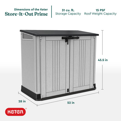 Keter Store-It-Out Prime 4.3 x 3.7 ft. Outdoor Resin Storage Shed with Easy Lift Hinges, Perfect for Yard Tools, Pool Toys and Garden Accessories, Grey